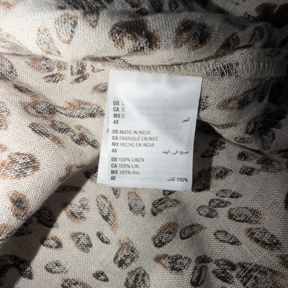 Charter Club Woman's Linen Boat Neck Blouse Size L Leopard Print 3/4 Tie Sleeve - Picture 4 of 5